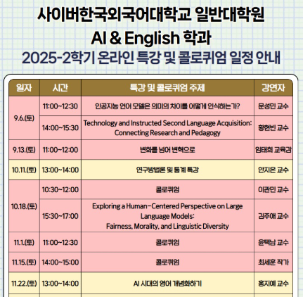 2025-2학기 일반대학원 AI & English학과 온라인 특강 및 콜로퀴엄 일정 안내